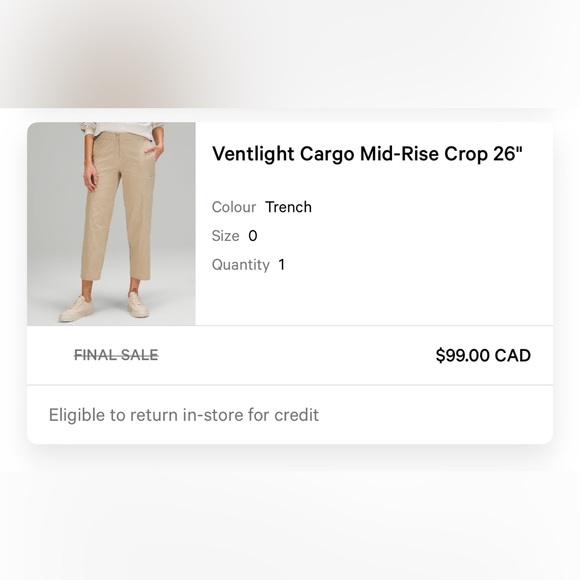 Lululemon Ventlight Cargo Crop Pant, size 0, Color: Trench - Picture 4 of 5